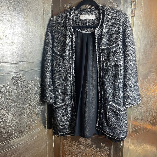 Zara Knit Open Fringe Tweed Jacket - front view