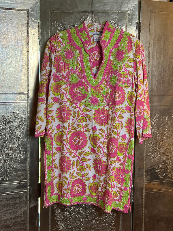 Gretchen Scott Pink Green Embroidered Floral Tunic Dress Size L image 1