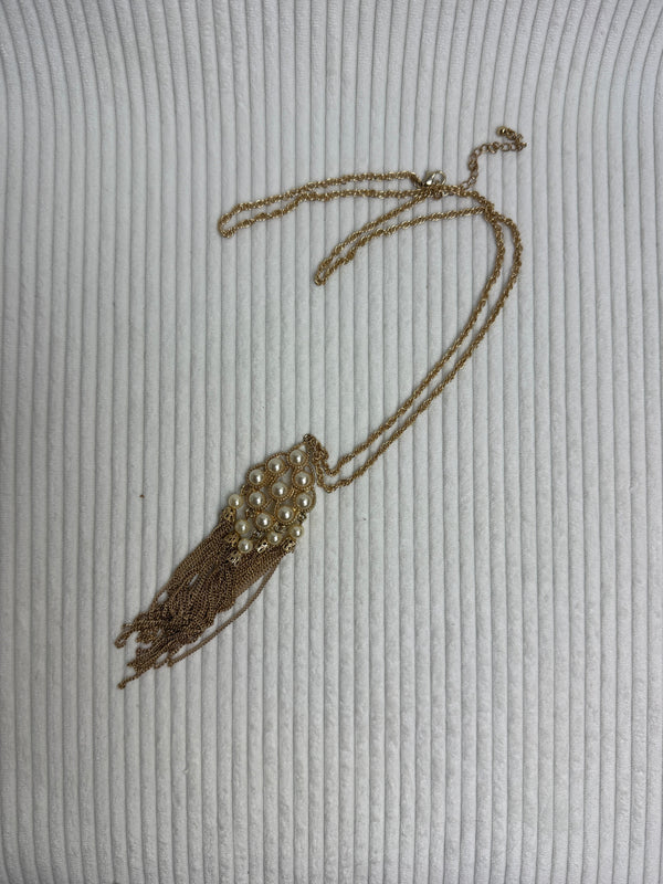 Banana Republic Gold Faux Pearl Tassel Necklace - front view