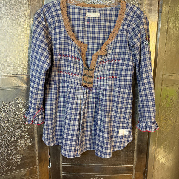 Odd Molly Blue Plaid Lace Blouse — 01 front