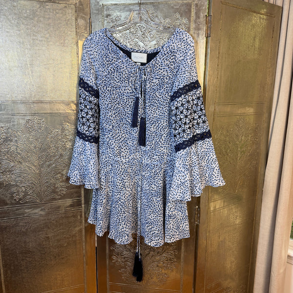 ALEXIS Lanelle Blue Dotted Lace Bell-Sleeve Mini Dress Size XS — 01 front