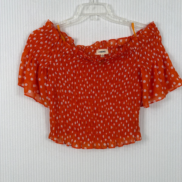 L'AGENCE Bexley Polka-Dot Off-the-Shoulder Crop Top Size S-P — 01 front