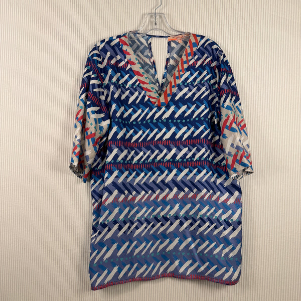 Vilagallo Blue and Orange Geometric Shift Dress — 01 front