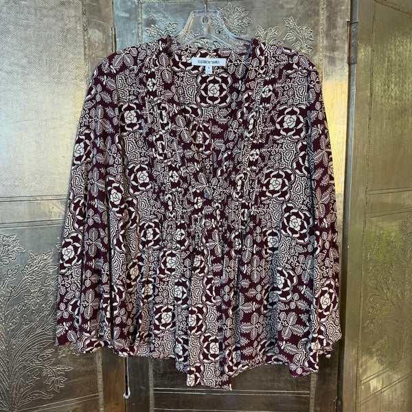 Elizabeth and James Burgundy Print Blouse Size S — 01 front
