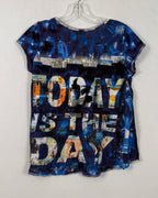 Printed Artworks blue photographic graphic tee — back view with TODAY IS THE DAY lettering