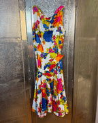 Bright multicolor floral drop-waist dress — full front view