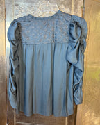 Ulla Johnson slate-blue blouse — back view with embroidered yoke and ruffled sleeves