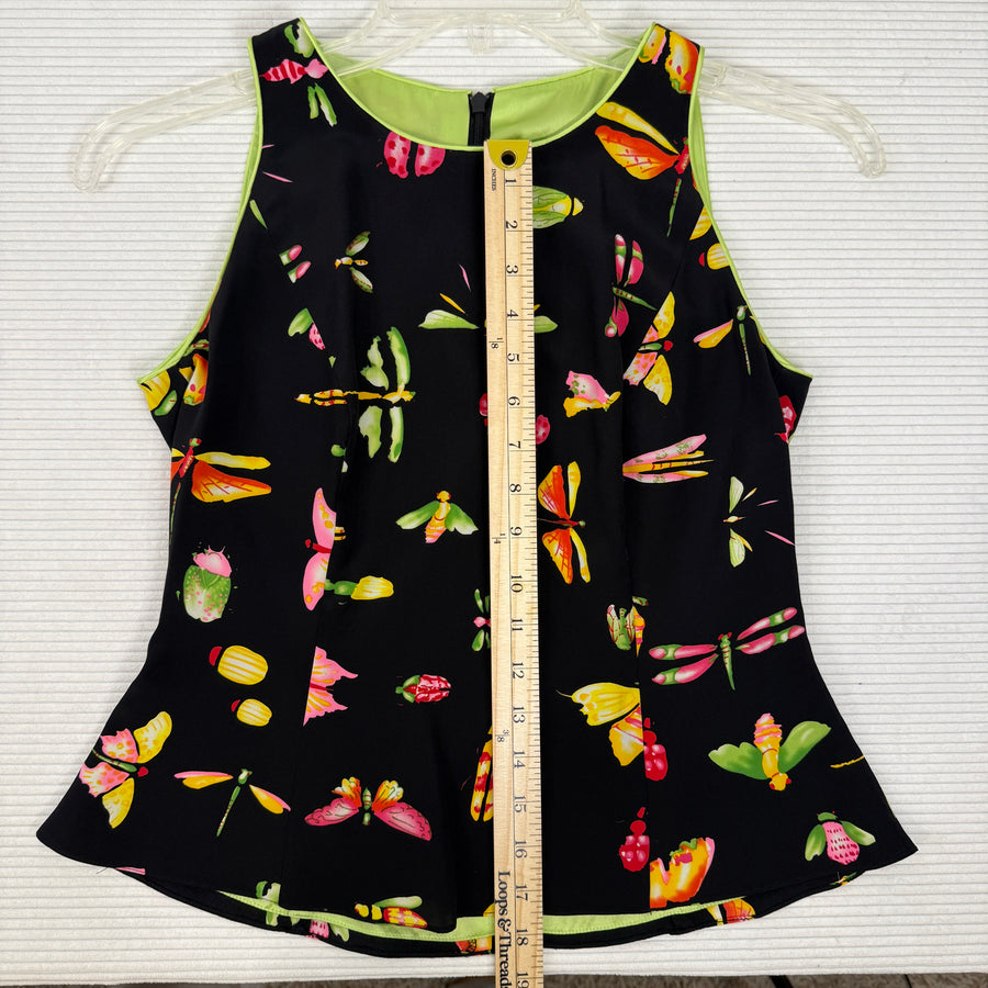 Front view of Butterfly and Cocktail Print Sleeveless Peplum Top