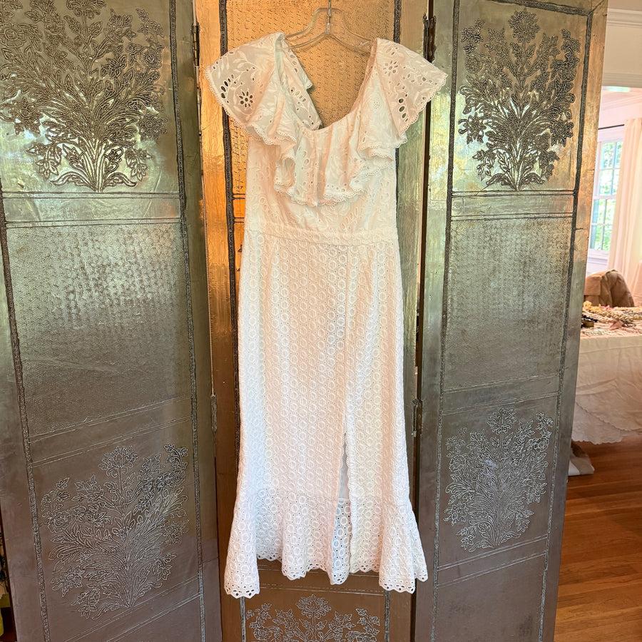 Front view of Saloni Ella Broderie Anglaise Eyelet Midi Dress Size US 4 (UK 8, EU 34)