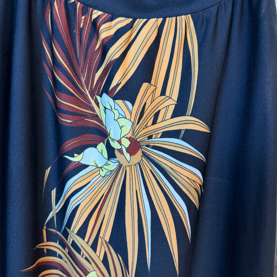 Front view of Tropical Floral Border-Print Silk Maxi Dress