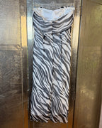 Front view of Zebra-Print Ruched Strapless Maxi Dress