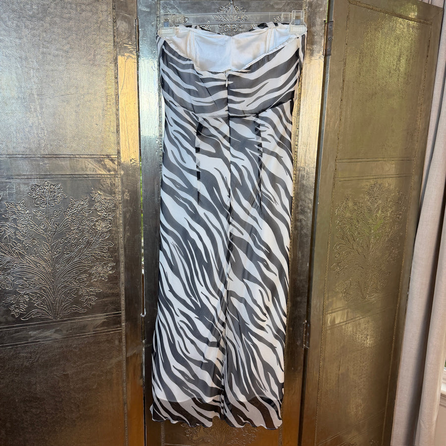 Front view of Zebra-Print Ruched Strapless Maxi Dress