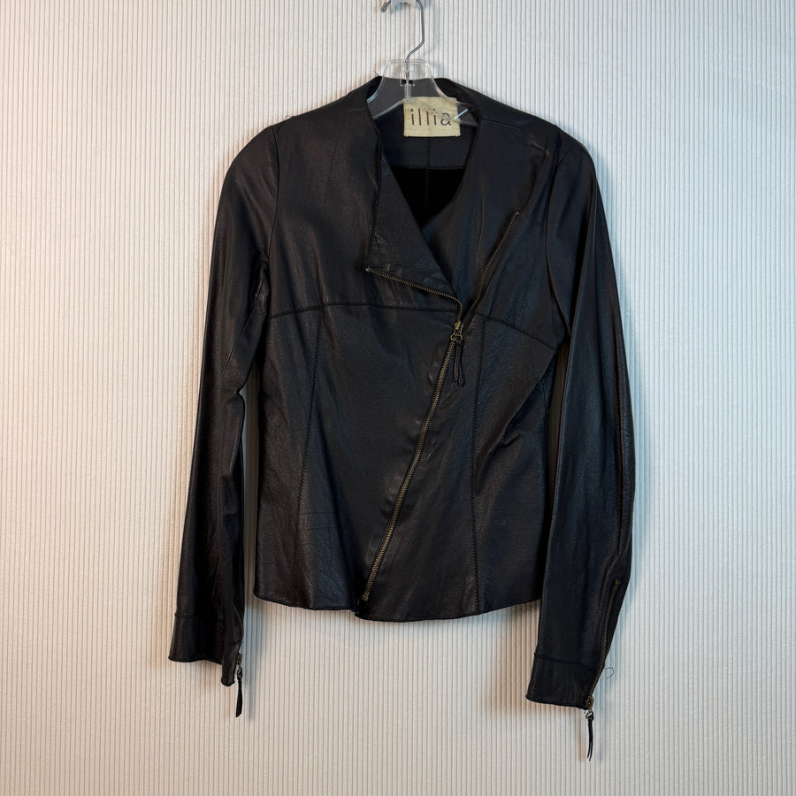 Front view of Illia Asymmetrical Leather Moto Jacket Size M