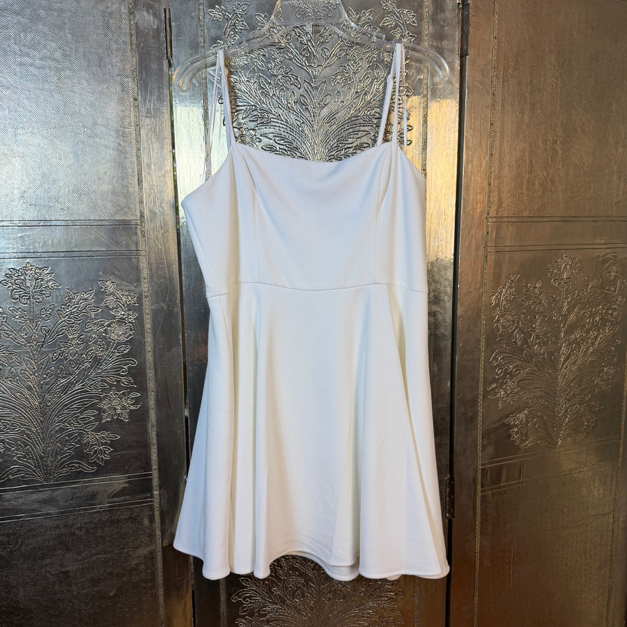Front view of White Cowl-Neck Spaghetti-Strap Skater Dress