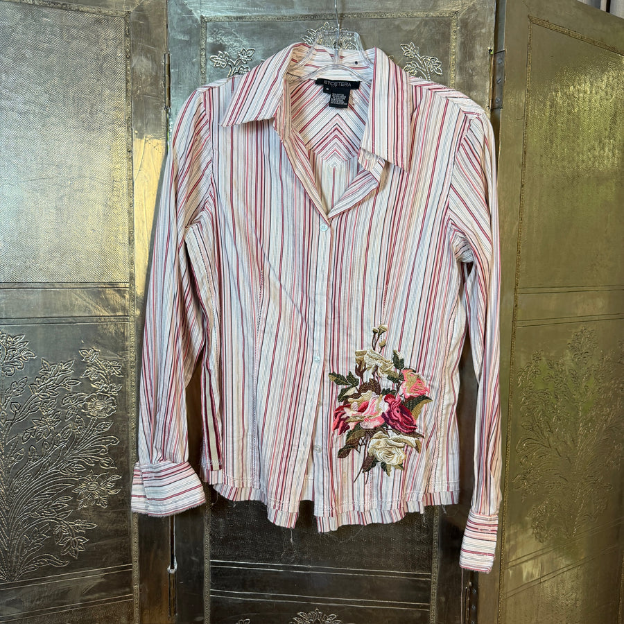 Front view of Etcetera Striped Floral-Embroidered Shirt Size 6