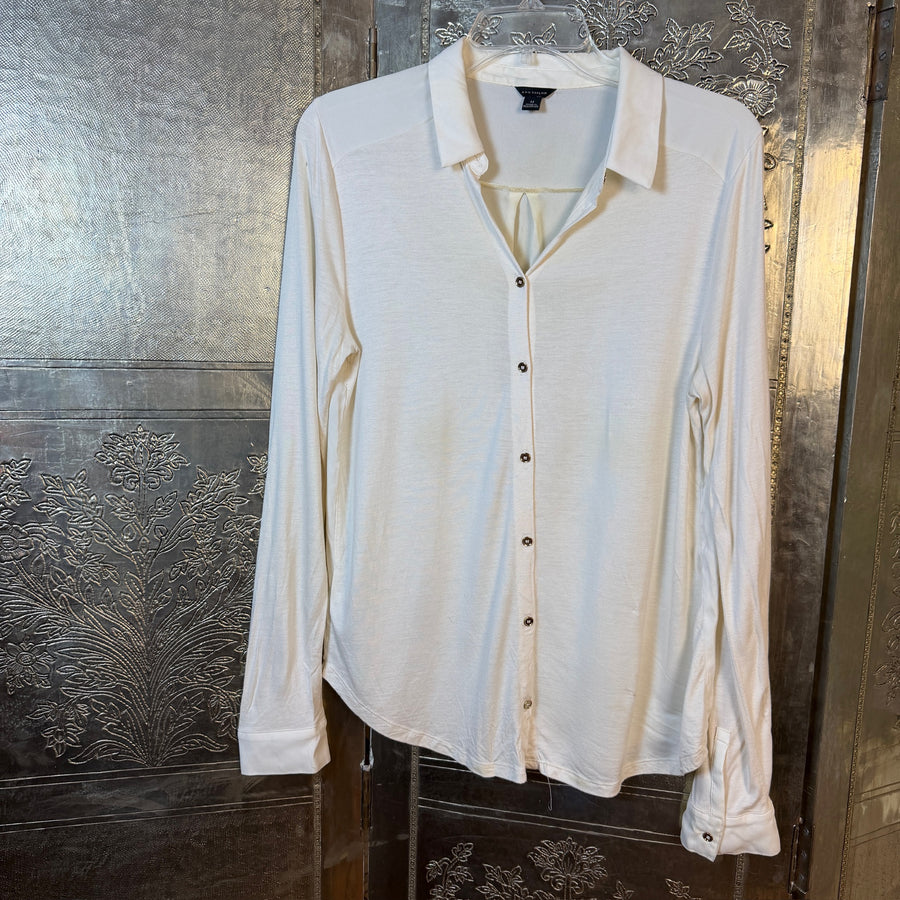 Front view of Ann Taylor Mixed-Media Button-Front Blouse Size M