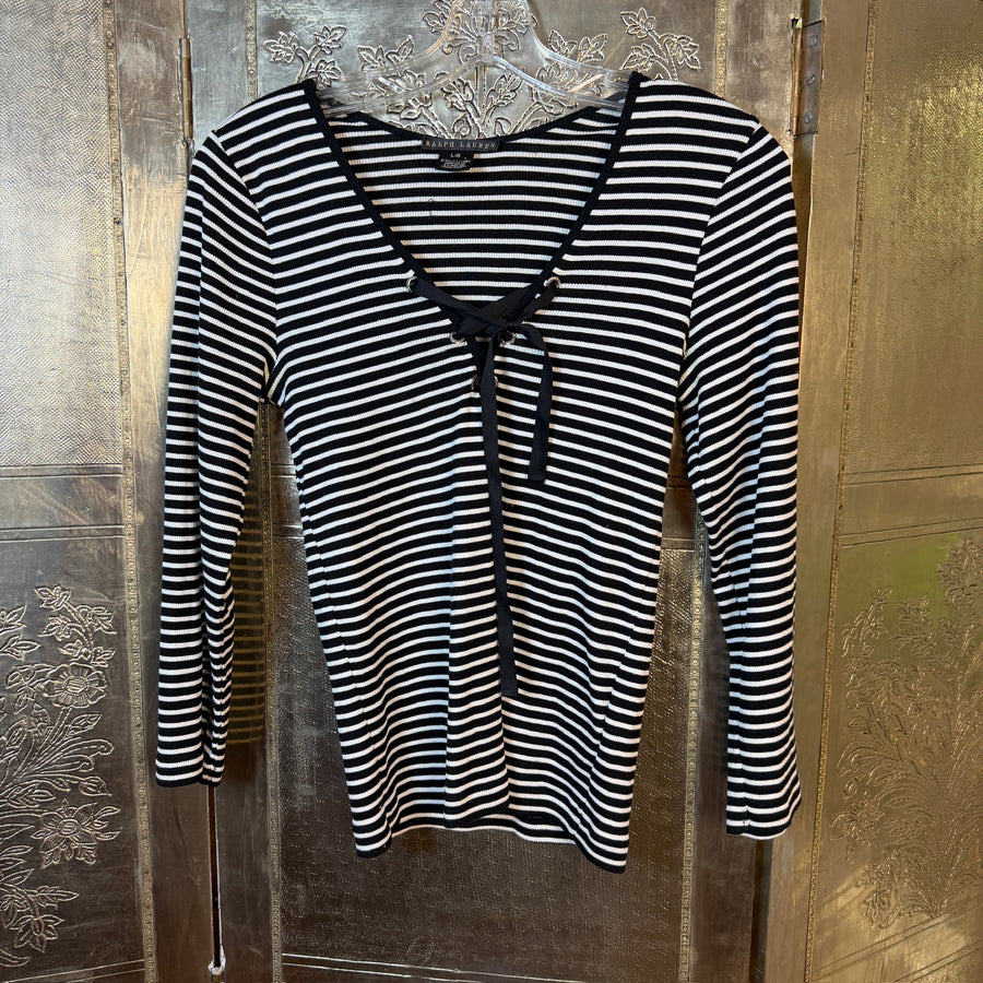 Front view of Ralph Lauren Striped Tie-Neck Top Size L