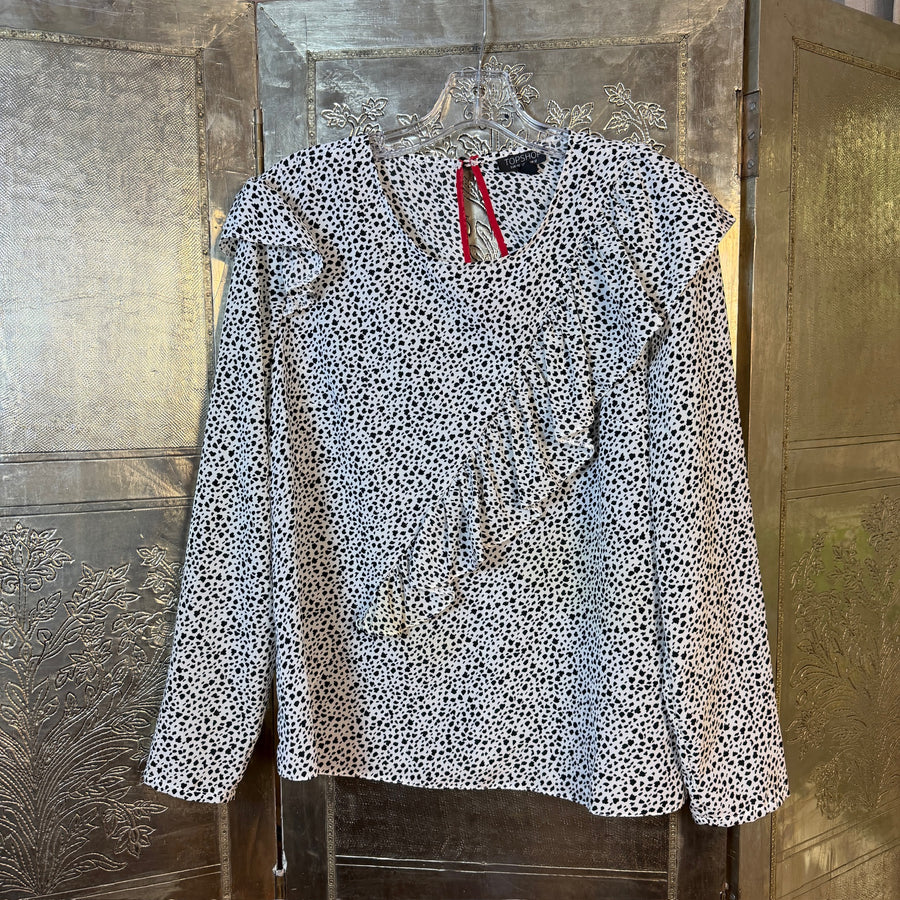 Front view of Topshop Dalmatian-Print Ruffle Blouse Size US 8 (UK 12, EU 40)