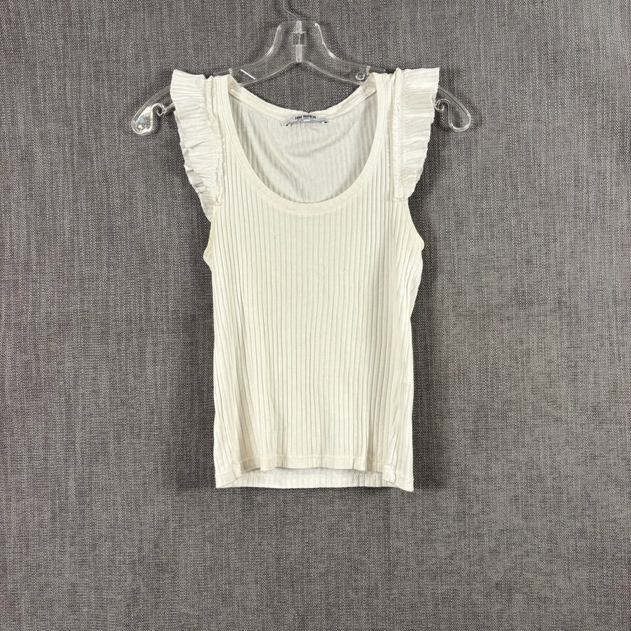 Front view of Zara Trafaluc Ribbed Ruffle-Sleeve Top Size M