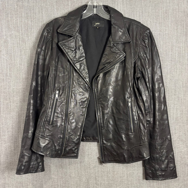 June Black Tonal Camouflage Leather Biker Jacket Size M — front