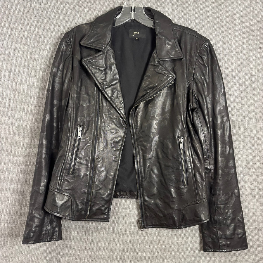 June Black Tonal Camouflage Leather Biker Jacket Size M — front