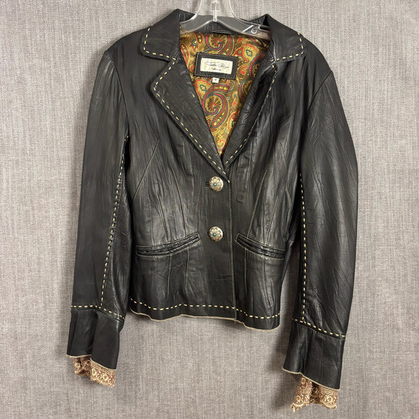 Tasha Polizzi Black Southwestern Real Leather Jacket with Paisley Lining Size M — front