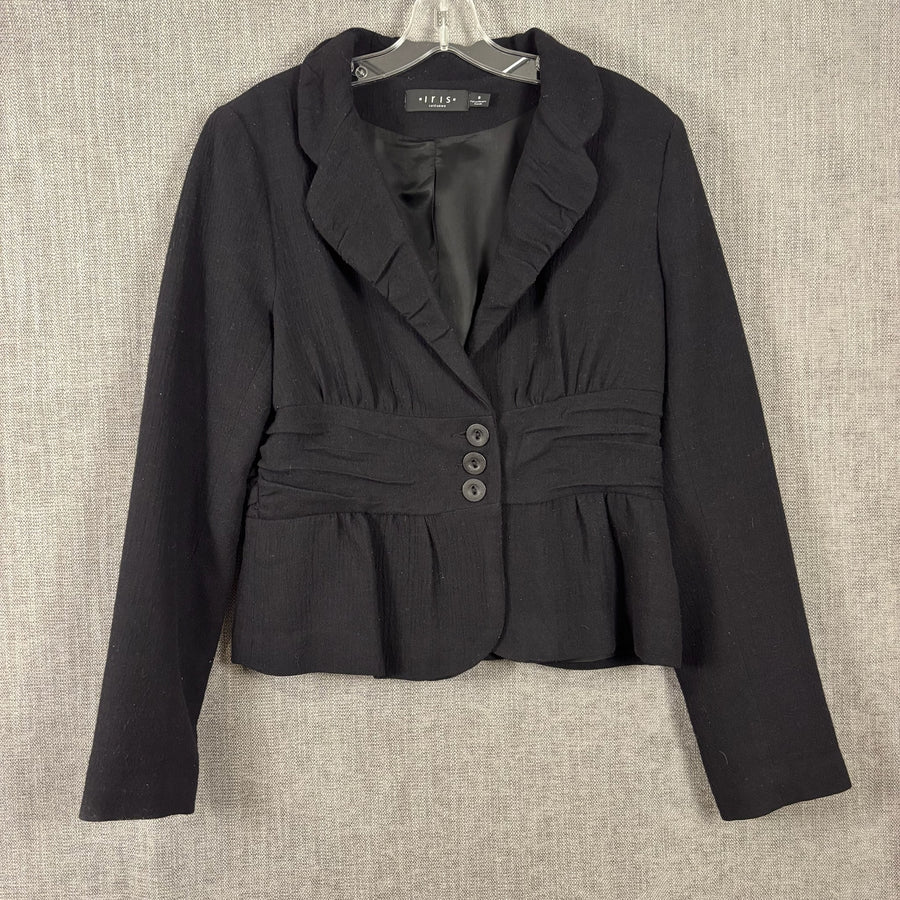 Iris Setlakwe Black Ruffled-Collar Three-Button Peplum Blazer Size 8 — front