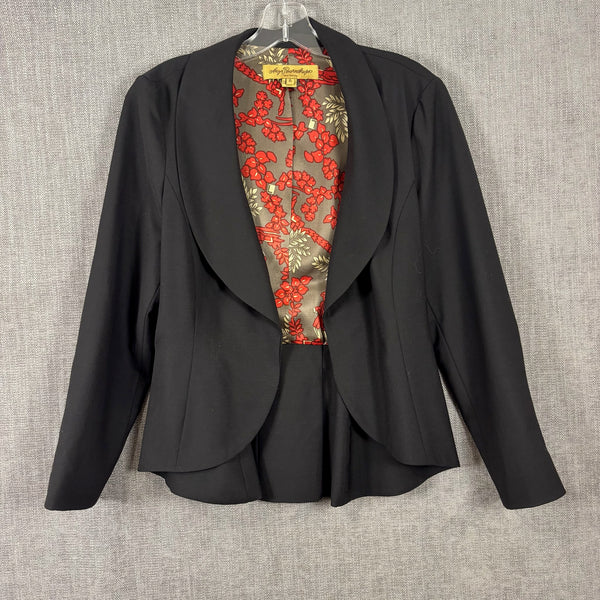 Anya Ponorovskaya Black Open-Front Blazer with Red Floral Lining Size 6 — front