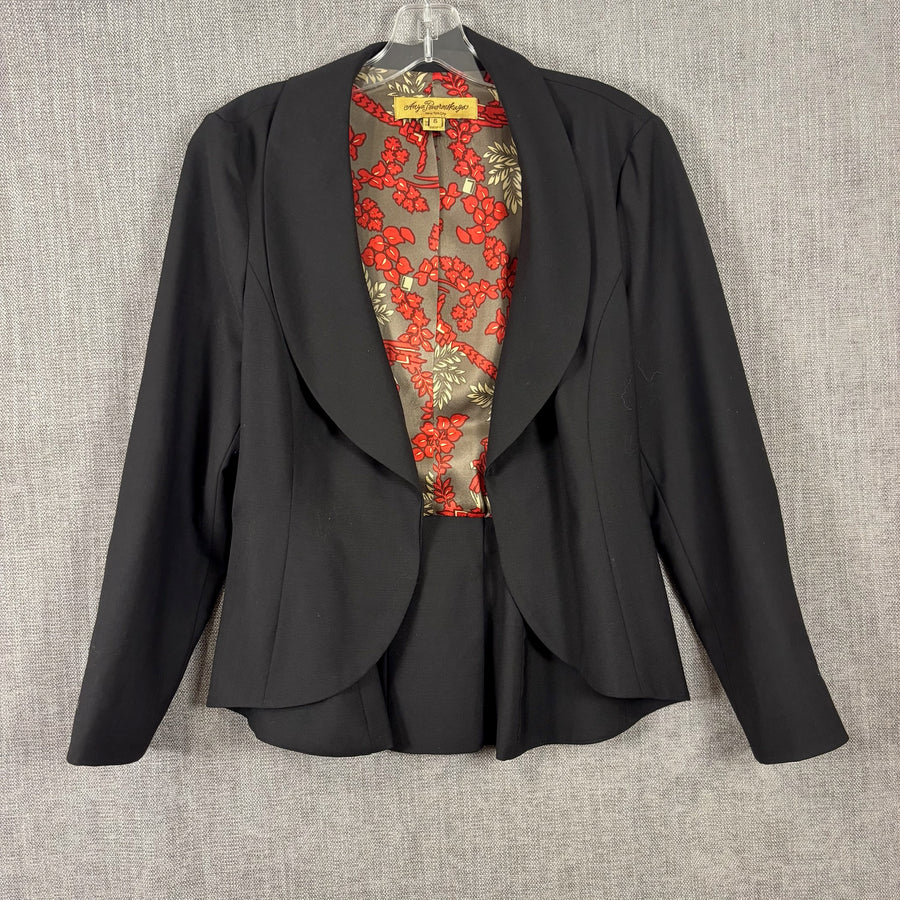 Anya Ponorovskaya Black Open-Front Blazer with Red Floral Lining Size 6 — front