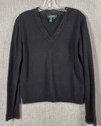 Lauren Ralph Lauren Petite Black Beaded Lace-Trim Silk-Cashmere V-Neck Sweater Size P/L — front