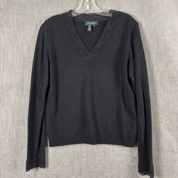 Lauren Ralph Lauren Petite Black Beaded Lace-Trim Silk-Cashmere V-Neck Sweater Size P/L — front