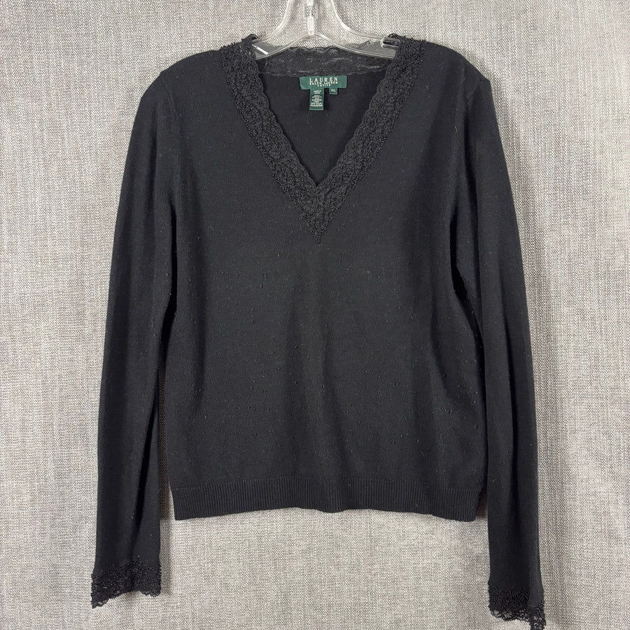 Lauren Ralph Lauren Petite Black Beaded Lace-Trim Silk-Cashmere V-Neck Sweater Size P/L — front