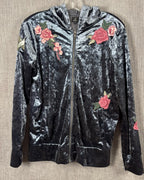 Billy T Black Floral Embroidered Velvet Zip Hoodie Size S — front