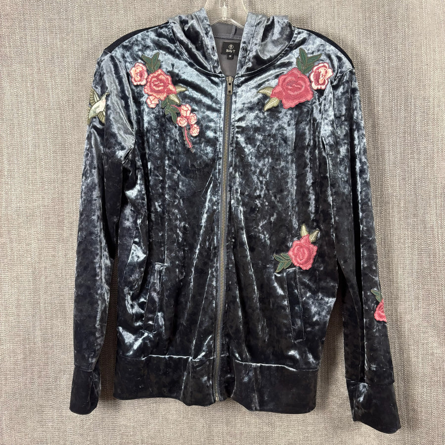 Billy T Black Floral Embroidered Velvet Zip Hoodie Size S — front