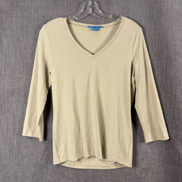 39 - White + Warren Beige Stretch Three-Quarter-Sleeve T-Shirt Size M — photo 1: front view