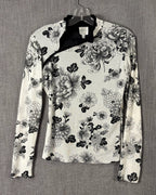 Linda Bertozzi Black and White Floral Asymmetric-Zip Mesh Top Size 1 — front