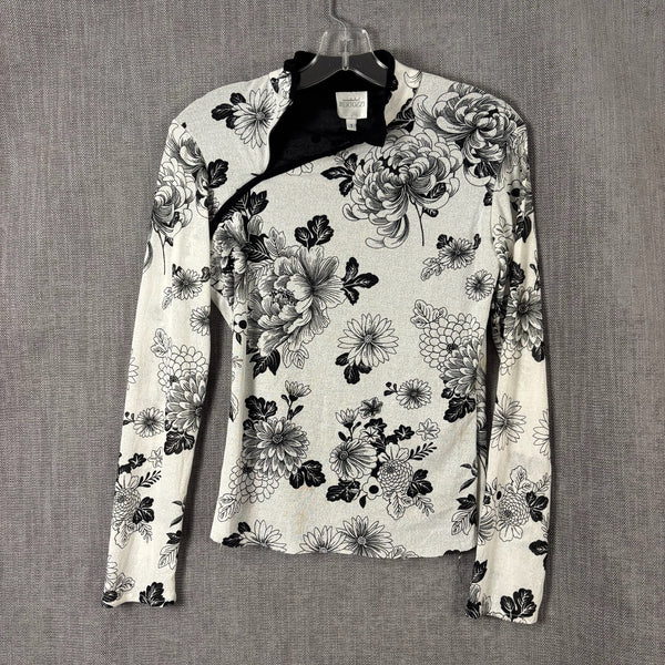 Linda Bertozzi Black and White Floral Asymmetric-Zip Mesh Top Size 1 — front