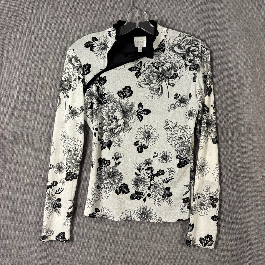 Linda Bertozzi Black and White Floral Asymmetric-Zip Mesh Top Size 1 — front