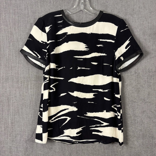 Alice & Trixie Black and White Abstract-Print Silk Top with Leather Trim Size M — front