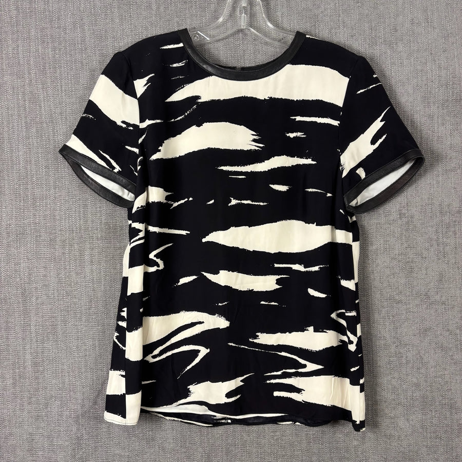Alice & Trixie Black and White Abstract-Print Silk Top with Leather Trim Size M — front