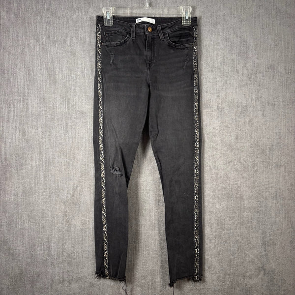 Zara Z1975 Black Distressed Skinny Ankle Jeans with Faux-Snakeskin Side Stripe Size US 4 (EUR 36, MEX 26) — front