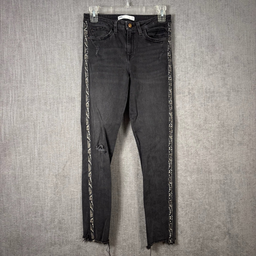 Zara Z1975 Black Distressed Skinny Ankle Jeans with Faux-Snakeskin Side Stripe Size US 4 (EUR 36, MEX 26) — front