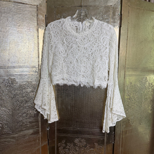Caren Forbes White Lace Bell-Sleeve Zip-Back Top Size L — front