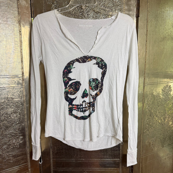 Zadig & Voltaire Tunisien ML Print White Floral Skull Long-Sleeve Tee Size M — front