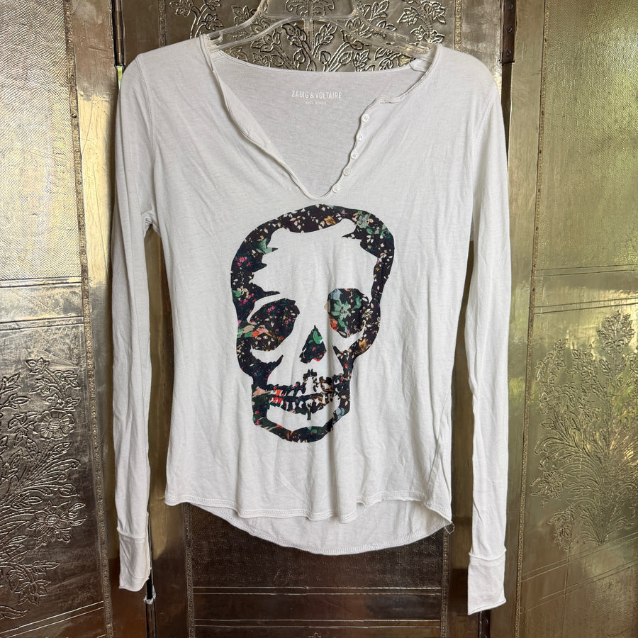 Zadig & Voltaire Tunisien ML Print White Floral Skull Long-Sleeve Tee Size M — front