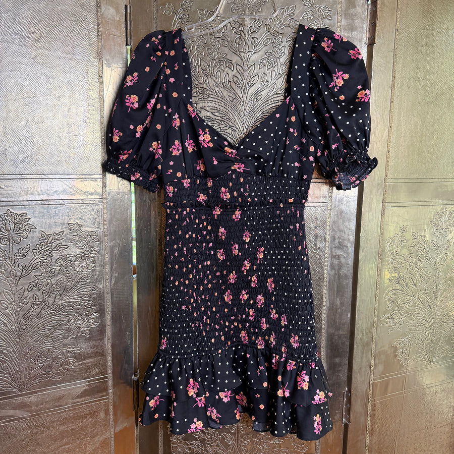 For Love & Lemons Camellia Black Floral Polka-Dot Mini Dress — front