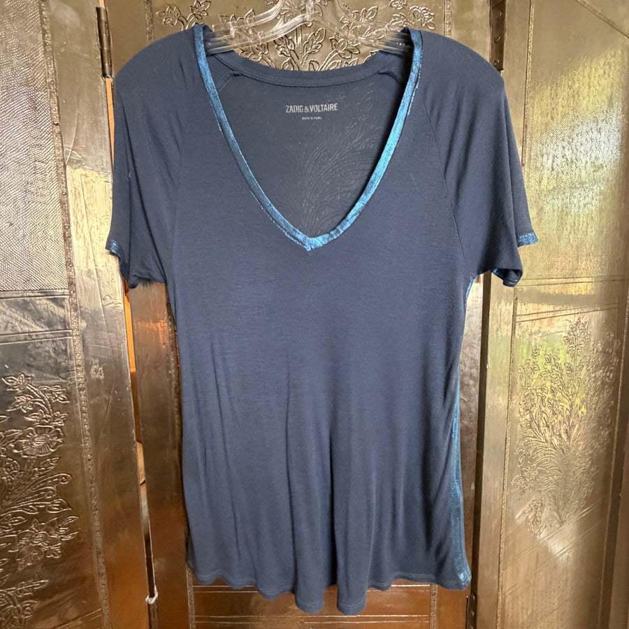 103 - Zadig & Voltaire Navy Tino Foil Modal V-Neck T-Shirt Size S — photo 1: front view