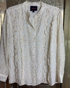 Hamptonite New York White Silk Gold-Dot Ruffle Blouse Size L — front