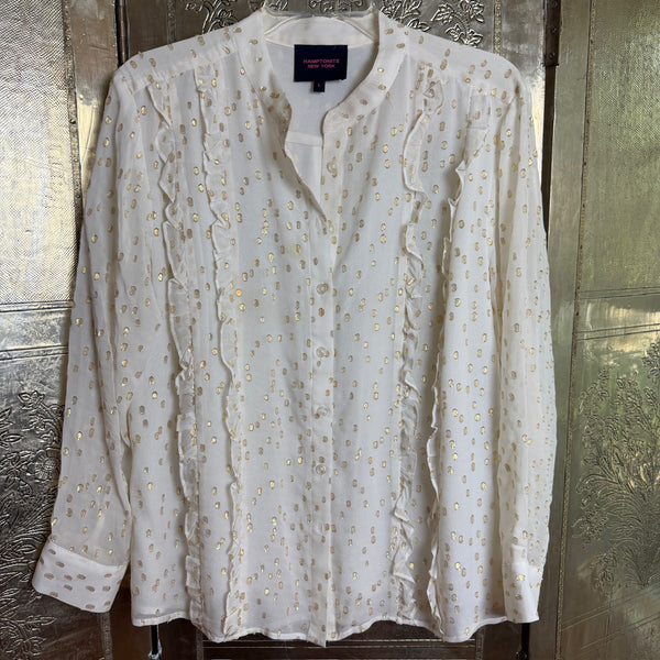 Hamptonite New York White Silk Gold-Dot Ruffle Blouse Size L — front