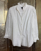 Ann Taylor White Eyelet Ruffle-Neck Button-Front Blouse Size M — front